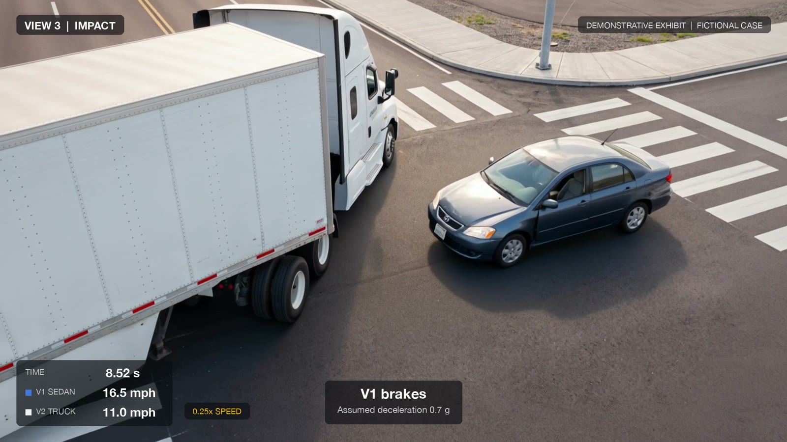 Frame from the final film with view label, time, both vehicle speeds and the event caption